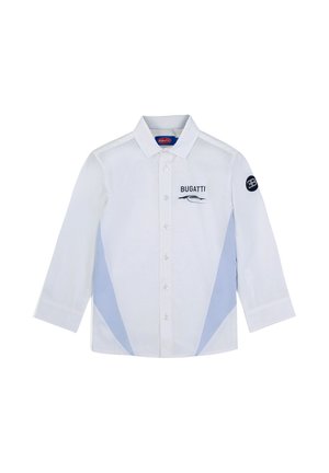 White long-sleeve button-up shirt with light blue side panels, "BUGATTI" text and car logo on chest, and round black emblem on left sleeve.