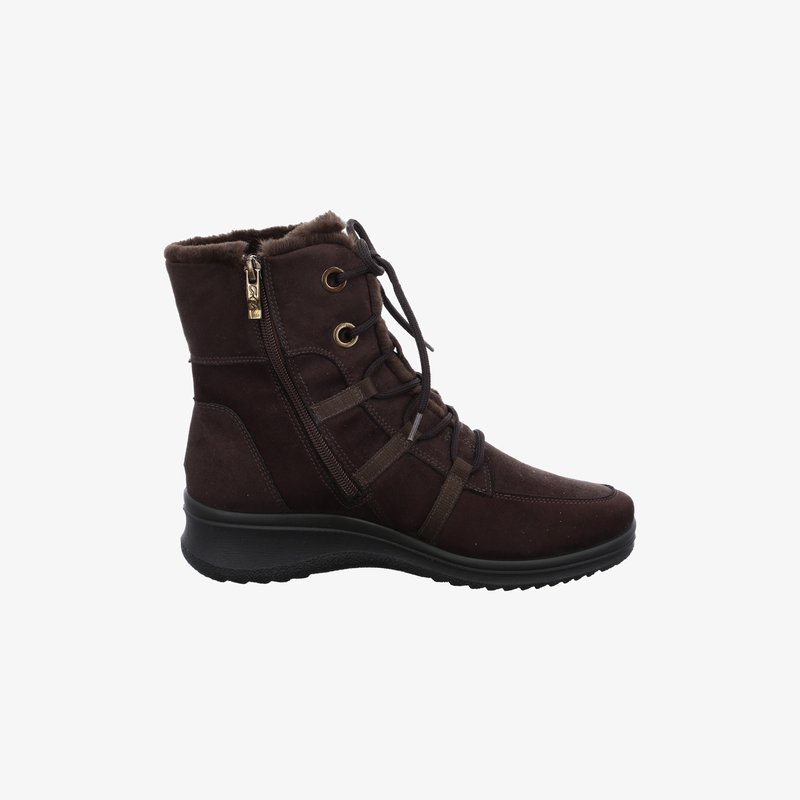 Botte d'hiver mi-haute en marron foncé avec fermeture éclair latérale, lacets à l'avant et doublure en fourrure, conçue pour la chaleur et le confort.