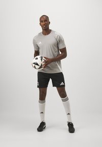Grå sportstrøje med tre hvide striber, sorte shorts, hvide sokker med sorte striber og en sort-hvid fodbold.