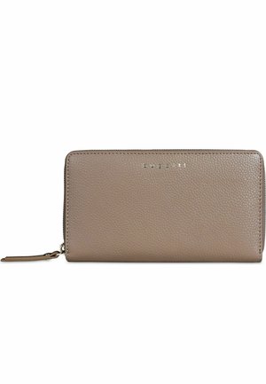Portafoglio in pelle strutturata color taupe con chiusura a zip e logo "bugatti" impresso al centro davanti.