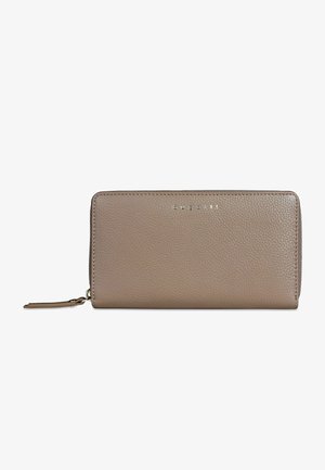Portafoglio in pelle strutturata color taupe con chiusura a zip e logo "bugatti" impresso al centro davanti.