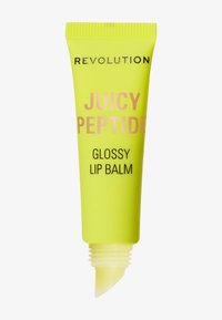Glansande läppbalsam i ett klart gult rör med skruvkork. Har "JUICY PEPTIDE" i rosa text och "GLOSSY LIP BALM" i svart, texturerad yta.