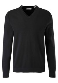 Schwarzer V-Ausschnitt-Pullover aus weichem Strickstoff. Mit langen Ärmeln, gerippten Bündchen und einem geraden Saum. Minimalistisches Design.