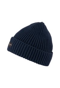 Marineblauwe gebreide muts met een ribbelstructuur, voorzien van een omgevouwen boord en een klein merketiket aan de zijkant.
