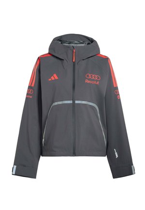 Mørkegrå hættejakke med røde logoer og striber, lynlås foran samt reflekterende detaljer på lommer og manchetter.