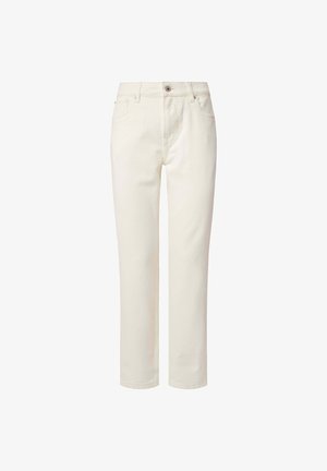 Džínsy svetlej krémovej farby so strihom rovného nohavice, dizajnom s piatimi vreckami a jedným kovovým gombíkom na zapínanie v páse.