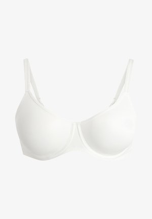 Sutiã branco com copas moldadas e sem costuras. Alças ajustáveis e fecho de gancho e olho nas costas. Tecido suave com um design minimalista.