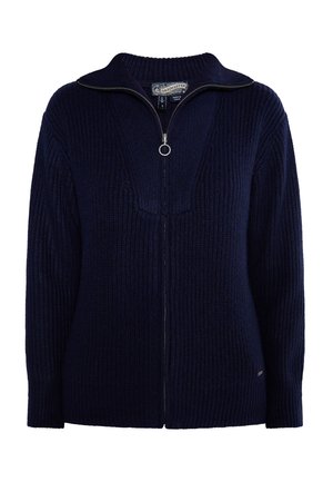 Navyblauwe gebreide zip-up trui met hoge kraag, geribbelde textuur en een ronde ritssluiting. Heeft een getailleerde pasvorm en lange mouwen.