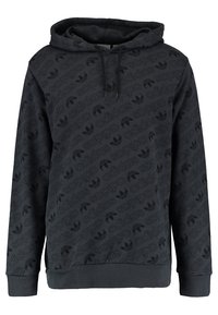 Černá mikina Adidas s kapucí, s celoplošným tonálním logem a vzory trojlístků, dlouhé rukávy, přední kapsa a nastavitelná šňůrka na kapuci.