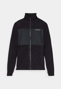 Giacca in pile nera con zip frontale, colletto alto e pannello nero a contrasto sul petto. Presenta un logo sul lato sinistro.