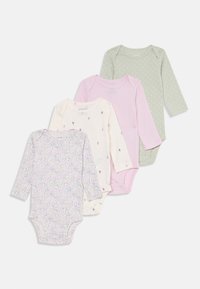 Quatre bodies pour bébé à manches longues en imprim�é floral lavande, rose pastel avec des motifs, rayures rose clair et vert avec des pois blancs. En coton doux.