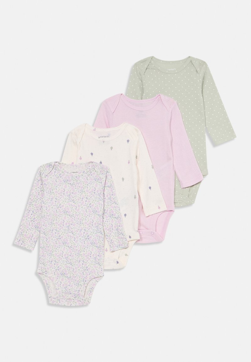 Quatre bodies pour bébé à manches longues en imprimé floral lavande, rose pastel avec des motifs, rayures rose clair et vert avec des pois blancs. En coton doux.