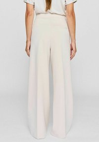 Beige wide-leg pants with a high waist, smooth texture, concealed back zipper, and clean lines, creating a minimalist silhouette.