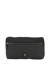 Pochette nera con zip, realizzata in materiale testurizzato, con fondo liscio, dettaglio del logo e chiusura superiore con zip.