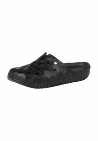 Zoccoli neri in gomma con un motivo ondulato sulla parte superiore e una suola liscia. Presentano un design slip-on e un retro aperto per facilitarne l'indossamento.
