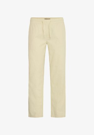 Beige ľanové nohavice s elastickým pásom a šnúrkou na stiahnutie. Rovno strihaný dizajn a hladká textura, vhodné na každodenné nosenie.