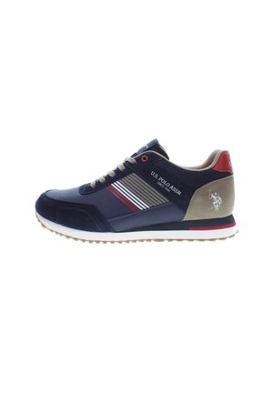 Marineblaue Sneakers aus einer Mischung von Wildleder und synthetischen Materialien. Mit gestreiften Akzenten in Rot und Weiß, Gummisohle und Logodetails.