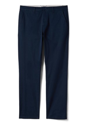 Herenbroek in marineblauw met rechte pijpen, voorzakken, riemlussen, knoopsluiting en ritssluiting, plat weergegeven op een witte achtergrond.