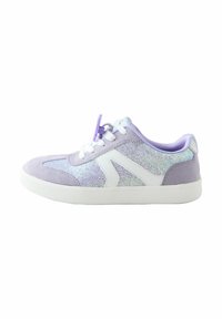 Children’s sneaker in lavender and white with glitter panels, white laces, and a purple security tag attached.