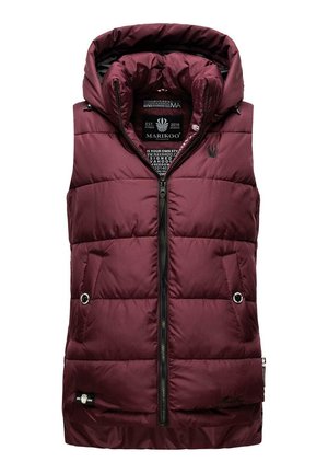 Gilet en duvet bordeaux avec capuche, fermeture éclair à l'avant, deux poches latérales avec boutons-pression, et motif matelassé pour l'isolation. Ourlet ajustable.