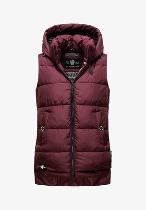 Maroon puffer vest with a hood, zippered front, two side pockets with snap closures, and quilted pattern for insulation. Adjustable hem.