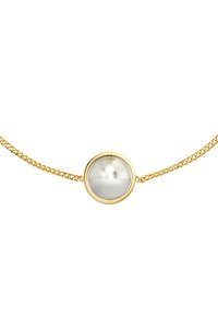 Gold-tone necklace featuring a round pendant with a smooth, glossy white center, complemented by a delicate chain.
