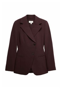 Bordeauxkleurig colbert met een getailleerde pasvorm, brede revers, een sluiting met één rij knopen en twee voorzakken. Gemaakt van een textuurstof.
