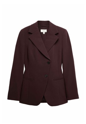 Bordeauxkleurig colbert met een getailleerde pasvorm, brede revers, een sluiting met één rij knopen en twee voorzakken. Gemaakt van een textuurstof.