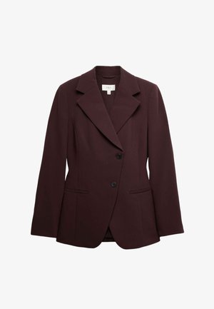Blazer bordeaux con taglio sartoriale, ampie risvolti, chiusura monopetto con bottoni e due tasche frontali. Realizzato in un materiale testurizzato.