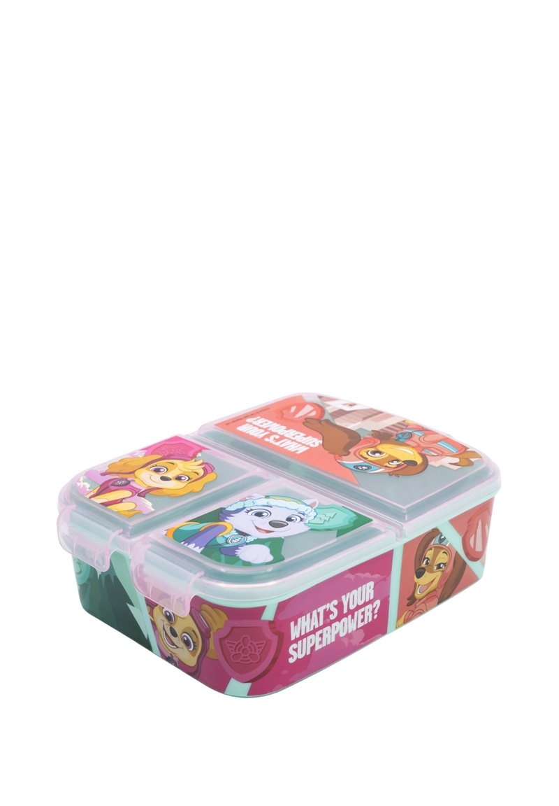 Scatola per il pranzo in plastica con design colorati di personaggi, inclusi cani, con scomparti segmentati e coperchio trasparente. Dimensioni non specificate.