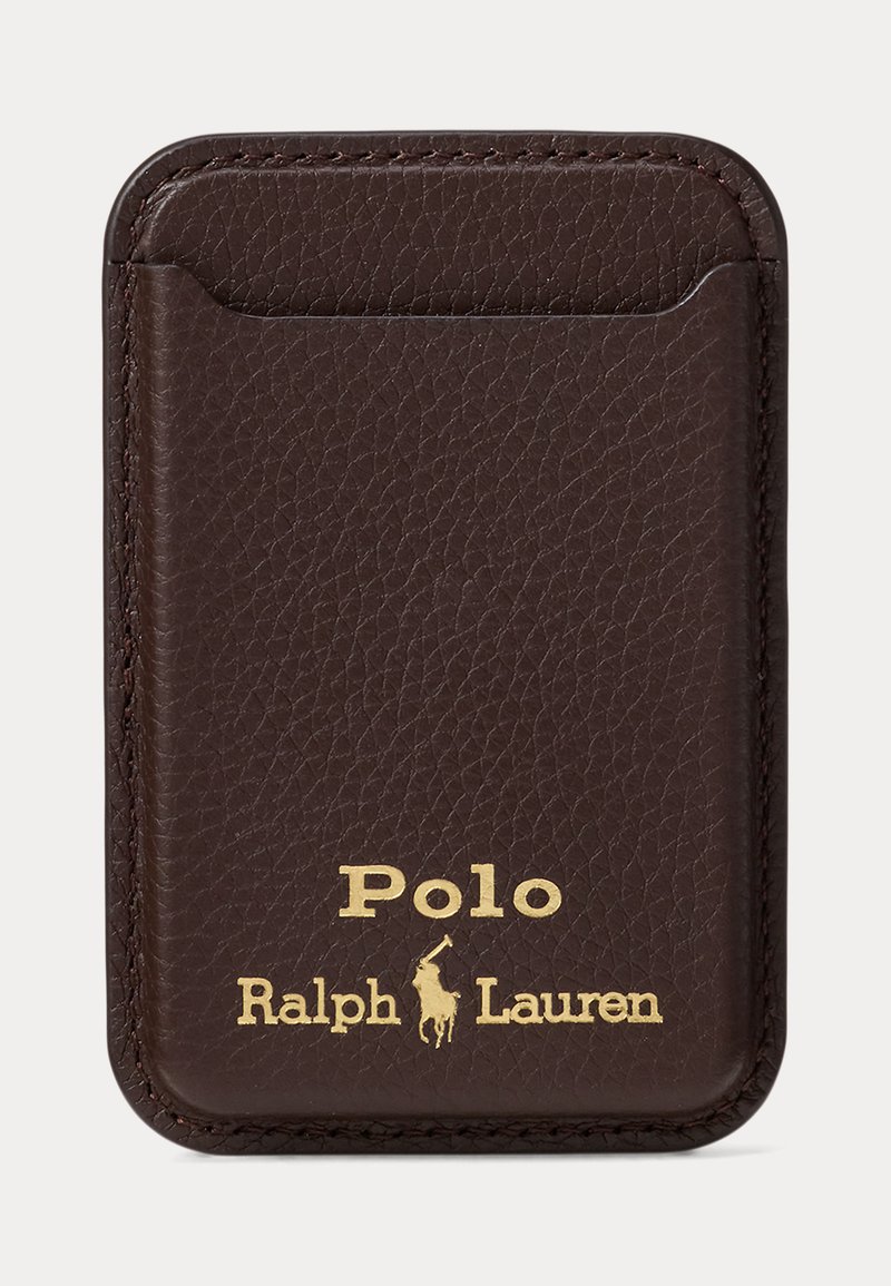 Dark brown leather card holder with gold Polo Ralph Lauren logo and horse and rider emblem embossed on the front.