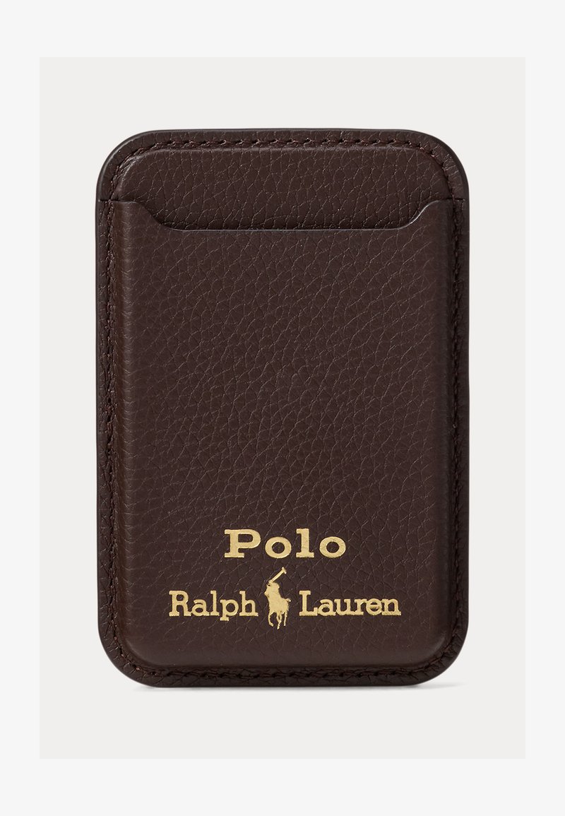 Dark brown leather card holder with gold Polo Ralph Lauren logo and horse and rider emblem embossed on the front.