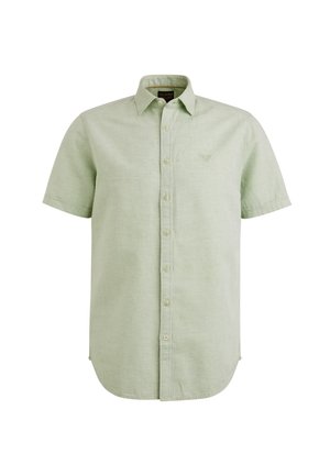 Koszula na krótki rękaw w jasnym zielonym kolorze, wykonana z teksturowanej tkaniny, z zaokrąglonym dołem i dyskretnym logo na piersi.
