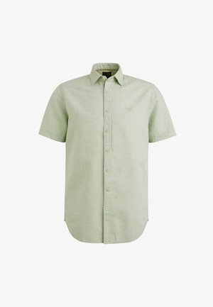 Koszula na krótki rękaw w jasnym zielonym kolorze, wykonana z teksturowanej tkaniny, z zaokrąglonym dołem i dyskretnym logo na piersi.