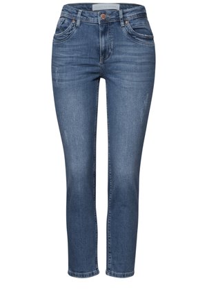 Donkerblauwe denim jeans met een rechte snit, voorzien van een knoopsluiting, vijf zakken en subtiele vervaging aan de voorkant voor textuur.