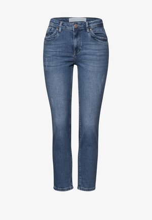 Granatowe dżinsy o prostym kroju, z zapięciem na guzik, pięcioma kieszeniami i subtelnym cieniowaniem z przodu dla uzyskania faktury.