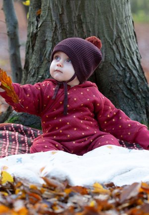 Maroon quilted romper with gold stars, brown knit hat with pom-pom, sitting on a patterned blanket near a tree, surrounded by autumn leaves.