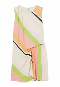 Ärmlös klänning i mjukt tyg med diagonala ränder i rosa, grön, orange och svart. Asymmetrisk design med draperad frontdetalj.