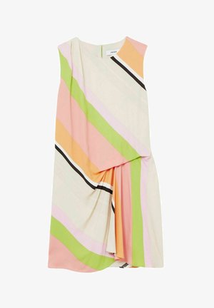 Ärmelloses Kleid aus weichem Stoff mit diagonalen Streifen in Pink, Grün, Orange und Schwarz. Asymmetrisches Design mit drapiertem Vorderteil.