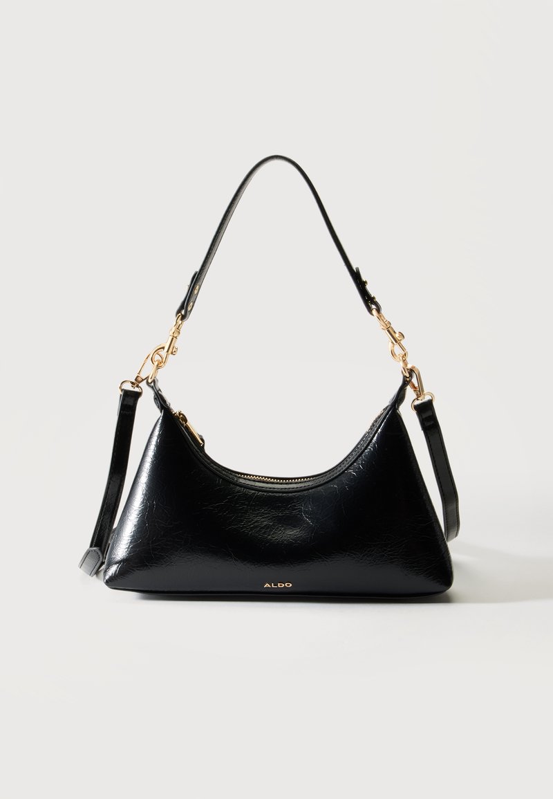 Sac d'épaule noir brillant avec garnitures dorées et bandoulière réglable, petit logo de la marque ALDO centré à l'avant.