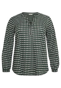 Groene blouse met een diamanten patroon in wit en verschillende groen tinten, lange mouwen, V-halsontwerp, gemaakt van lichte stof.