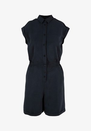 Fekete, rövid ujjú overál, galléros nyakkal, elöl gombos záródással, rugalmas derékrésszel és felhajtható sorttal. Simaszövet, könnyű anyag.