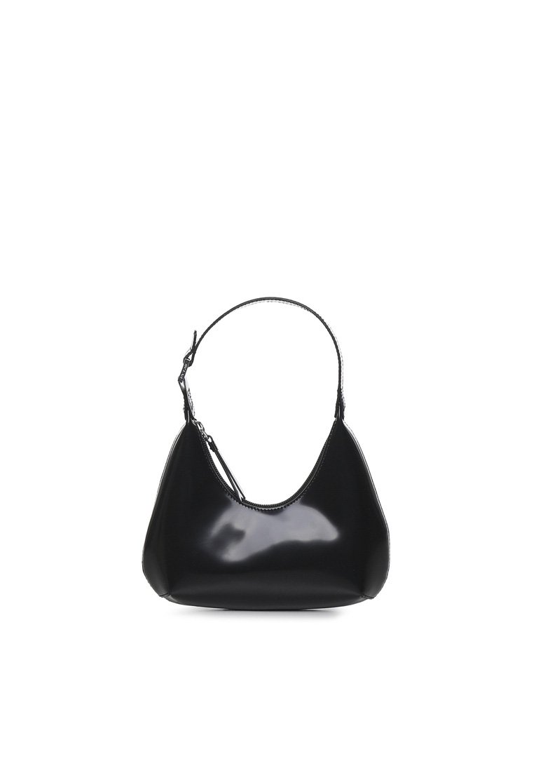 Black, glossy vegan leather shoulder bag. Rounded shape with a single adjustable strap and zip closure. Smooth texture, minimal design.