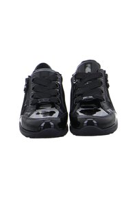 Pair of black patent leather sneakers with thick laces and side zippers, viewed from the front on a white background.