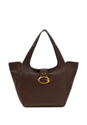 Dunkelbraune Lederhandtasche mit breiten Griffen und einer goldenen ovalen Schnalle vorne in der Mitte.