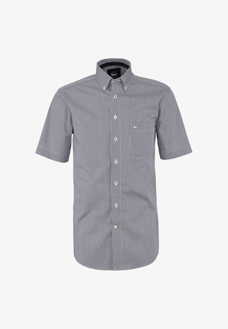Chemise à manches courtes avec motif micro-carreaux noir et blanc, col à boutons et poche poitrine avec détail logo.