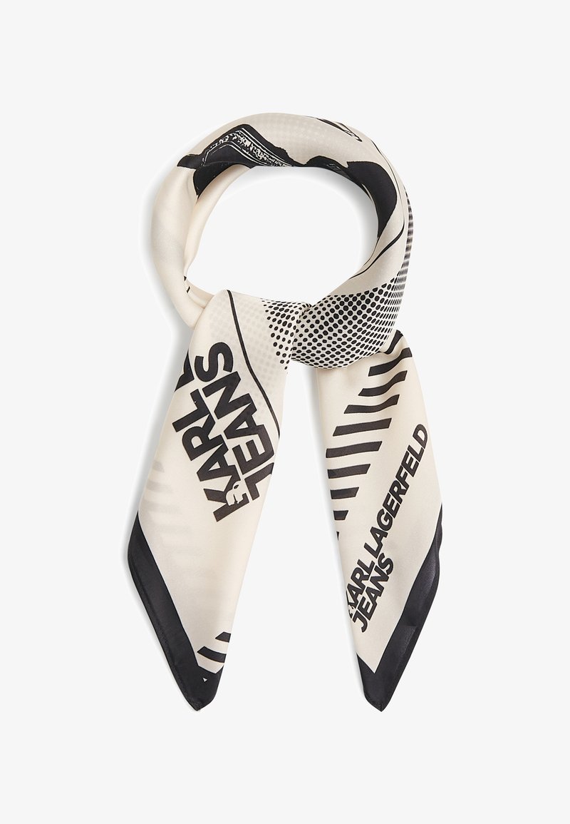Μεταξωτό μαντήλι σε εκρού χρώμα με μαύρο γραφικό κείμενο "KARL LAGERFELD JEANS" και αφηρημένα σχέδια με τελείες και ρίγες, δεμένο με χαλαρό κόμπο.