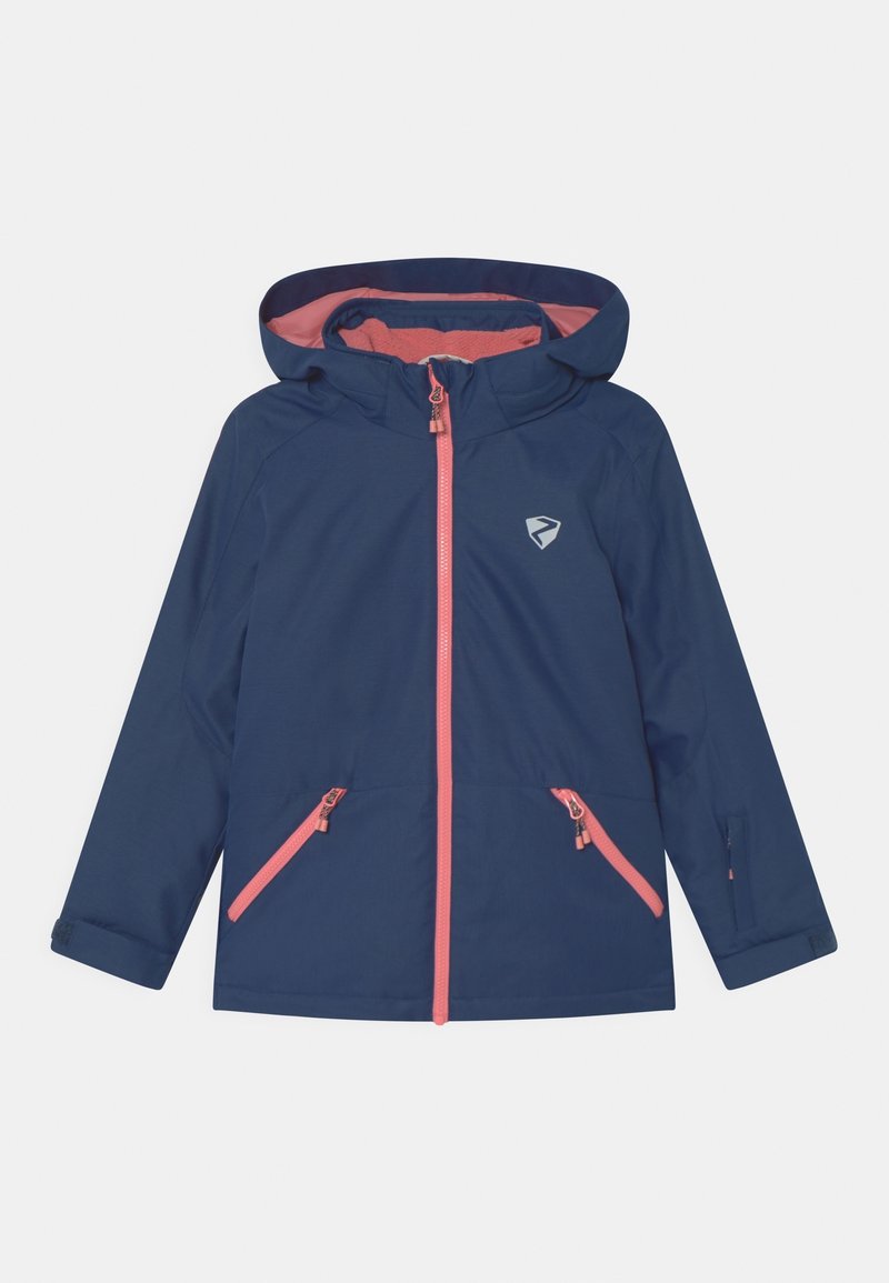 Marineblaue Kapuzenjacke mit pinkem Reißverschluss und Taschenakzenten, langen Ärmeln und einem kleinen reflektierenden Logo auf der Brust.