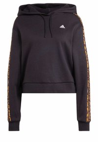 Černá cropovaná mikina s kapucí na šňůrku. Má hnědé pruhy s leopardím vzorem podél rukávů a malé bílé logo na hrudi.