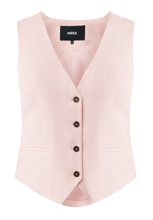 Lichtroze vest met een V-halssnit, vier donkere knopen en twee zijzakken, gemaakt van textuurstof.
